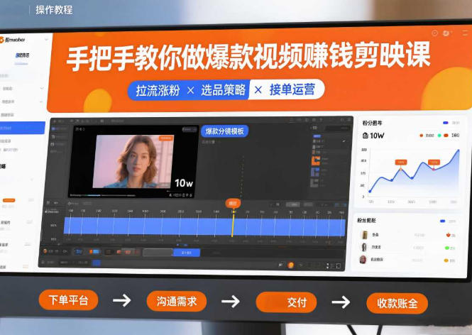爆款视频赚钱剪映课,手把手教学拉流涨粉、选品策略和接单运营