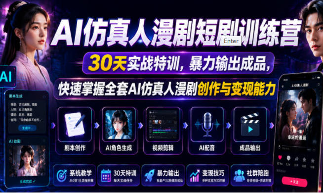 AI仿真人漫剧短剧训练营,全套AI仿真人漫剧创作与变现能力