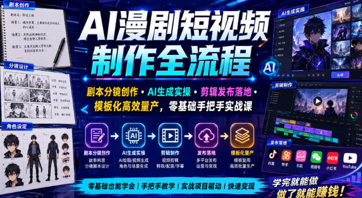 AI漫剧短视频制作全流程 AI生成实操 剪辑发布落地
