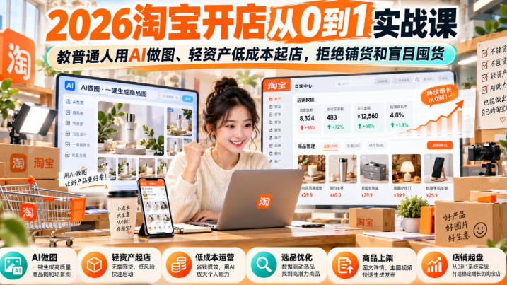 淘宝开店从0到1实战课,教普通人用AI做图、轻资产低成本起店