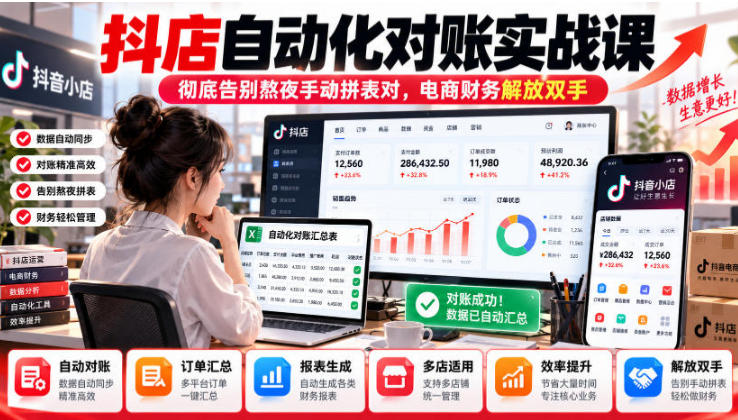 抖店自动化对账实战课,解放双手 告别手动拼表对账电商财务
