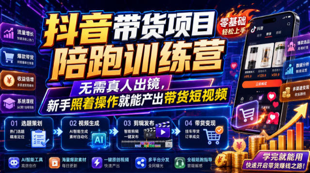 抖音带货项目陪跑训练营,无需真人出镜,新手照着操作就能产出带货短视频