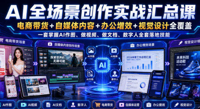 AI全场景创作实战汇总课 电商带货+自媒体内容+办公增效+视觉设计全覆盖