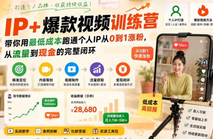 IP+爆款视频训练营,IP从0到1涨粉,从流量到现金的完整闭环
