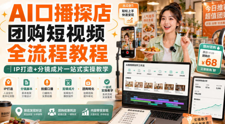 AI口播探店团购短视频全流程教程 IP打造+分镜成片一站式实操教学